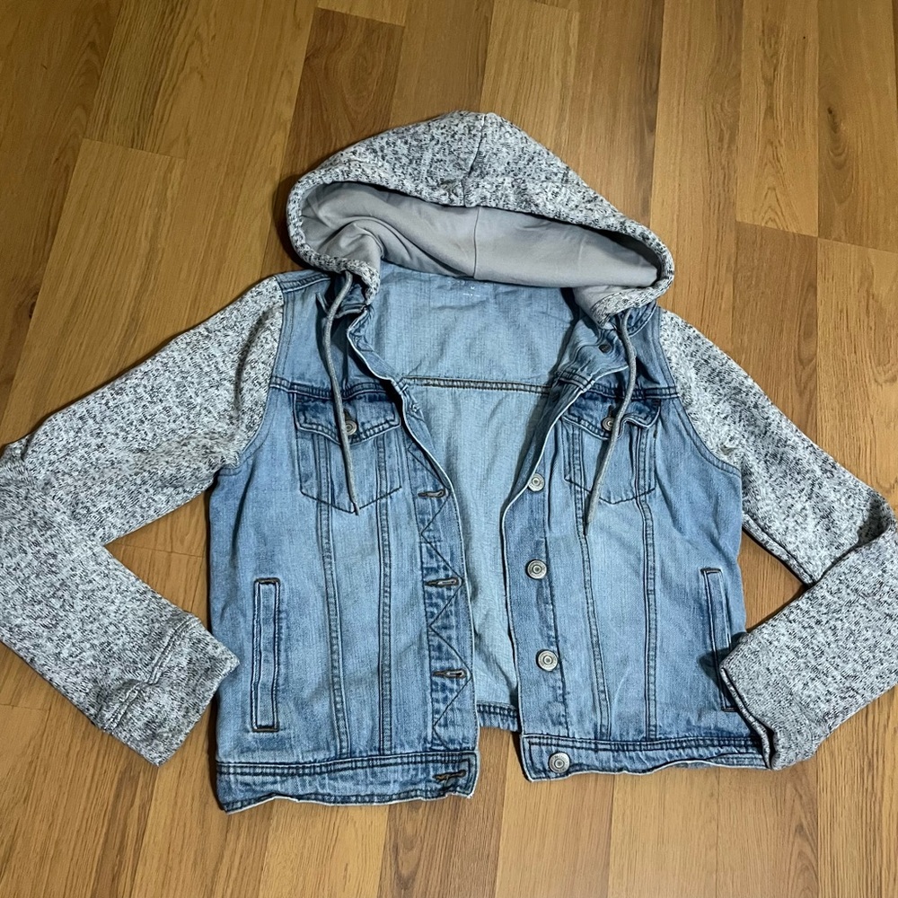 Aeropostale Denim Jacket with Gray Knit Sleeves